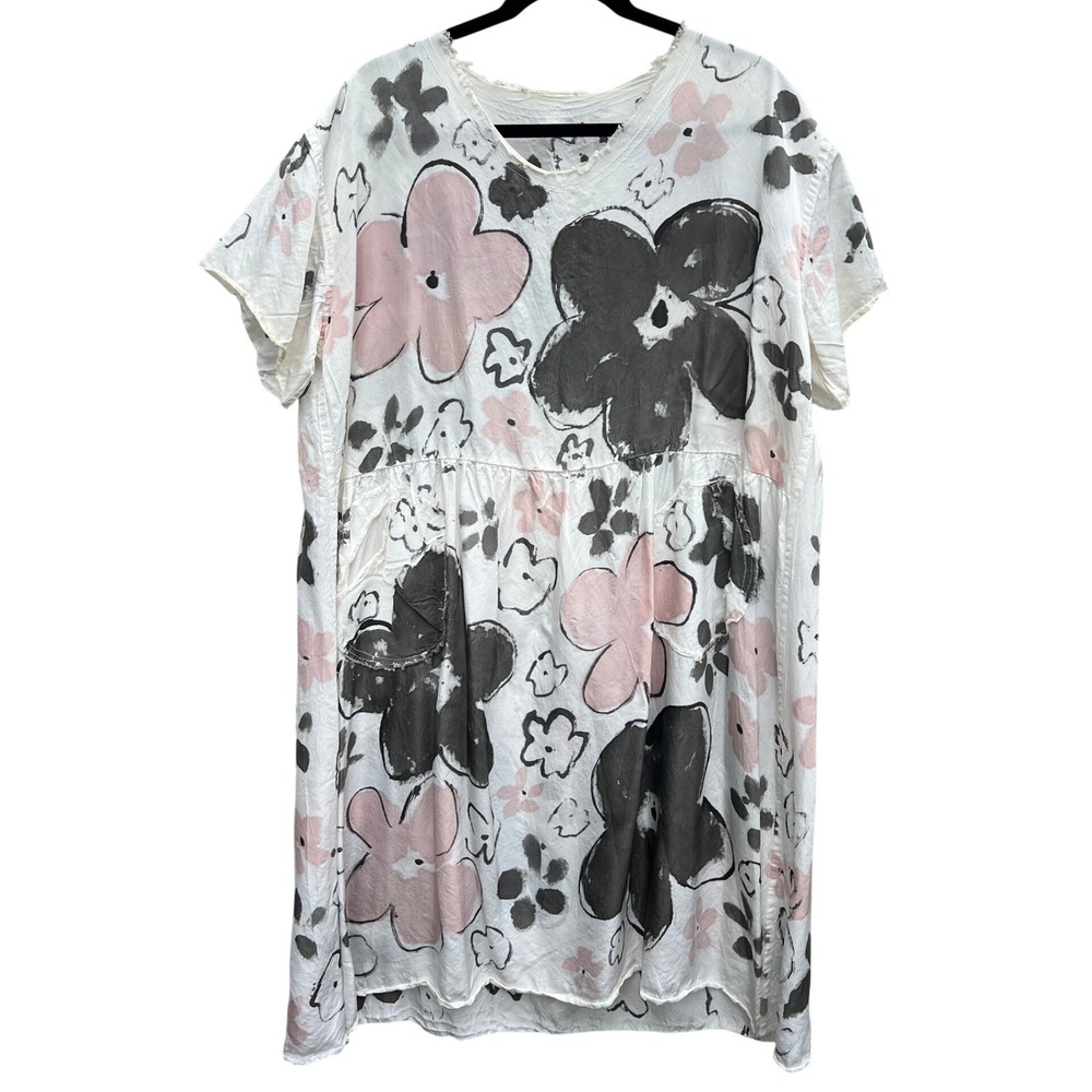 Skif Floral Hand Painted‎ Shift Dress XL OS White Pink Grey Artsy Lagenlook Boho